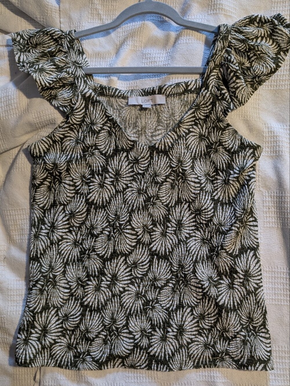LOFT Olive & White Floral Ruffle Sleeve Tank Top